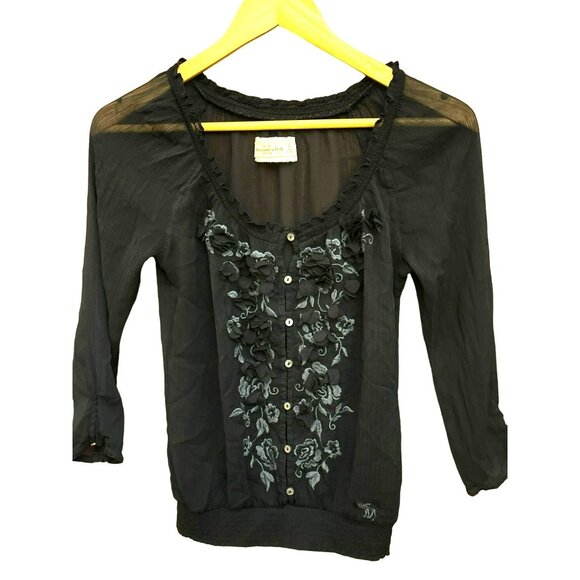 Abercrombie & Fitch Sheer Navy Blue 3D Embroidered Floral Blouse Small 1990s Y2K - Picture 1 of 4